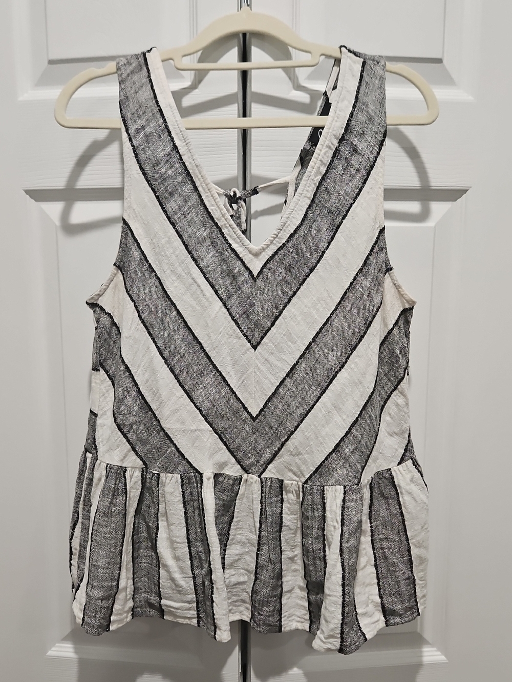 Beige by eci Black & White V-Neck Striped Peplum Tunic
